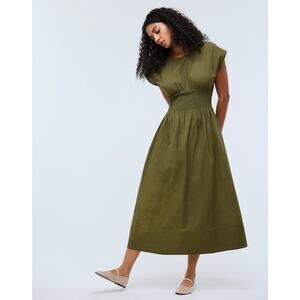 Olive Green Smocked-Waist Midi Dress